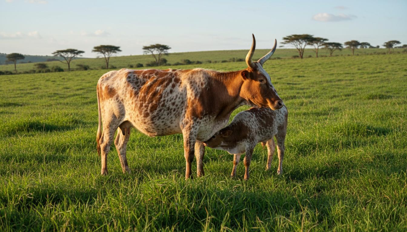 Nguni cow and calf in pasture